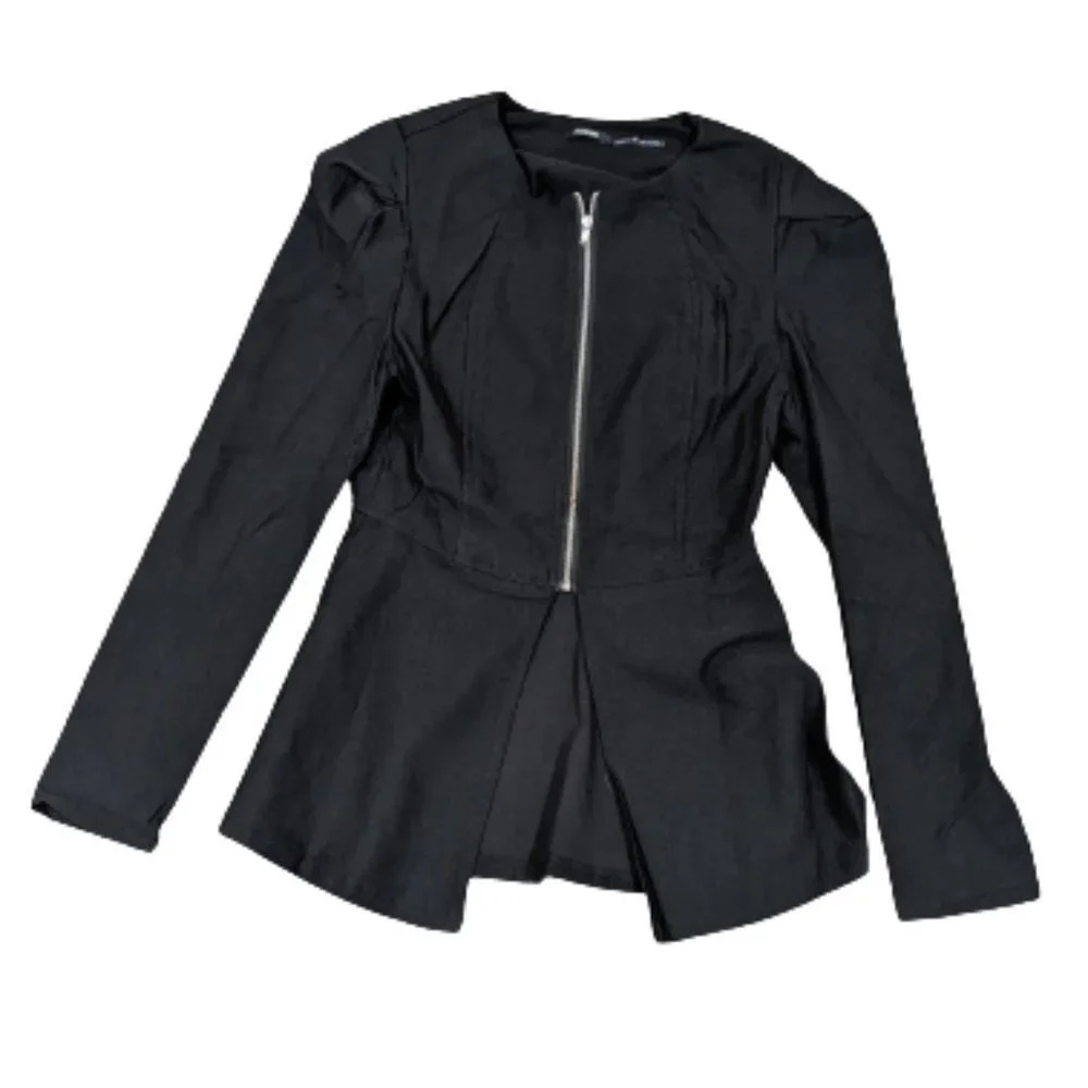 Poetry Black Peplum Blazer With Puff Shoulder Zipper front‎ size S